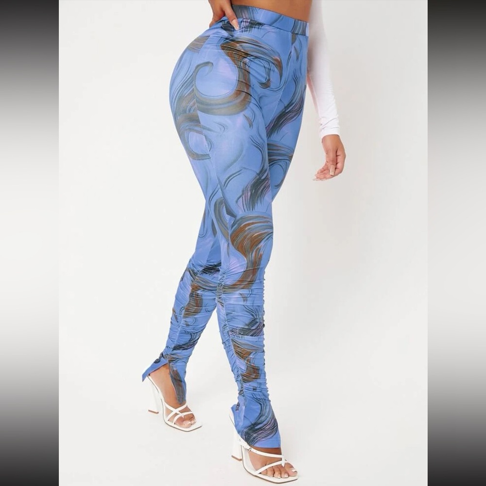 Swirl Marble Print Split Hem Ruched Leggings